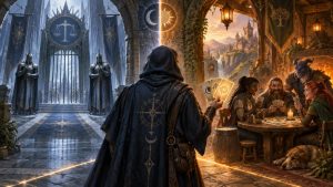 Painterly fantasy scene split between a cold, guarded hall marked by scales and a warm tavern where friends play with symbol-marked cards, separated by a hooded figure holding two cards.