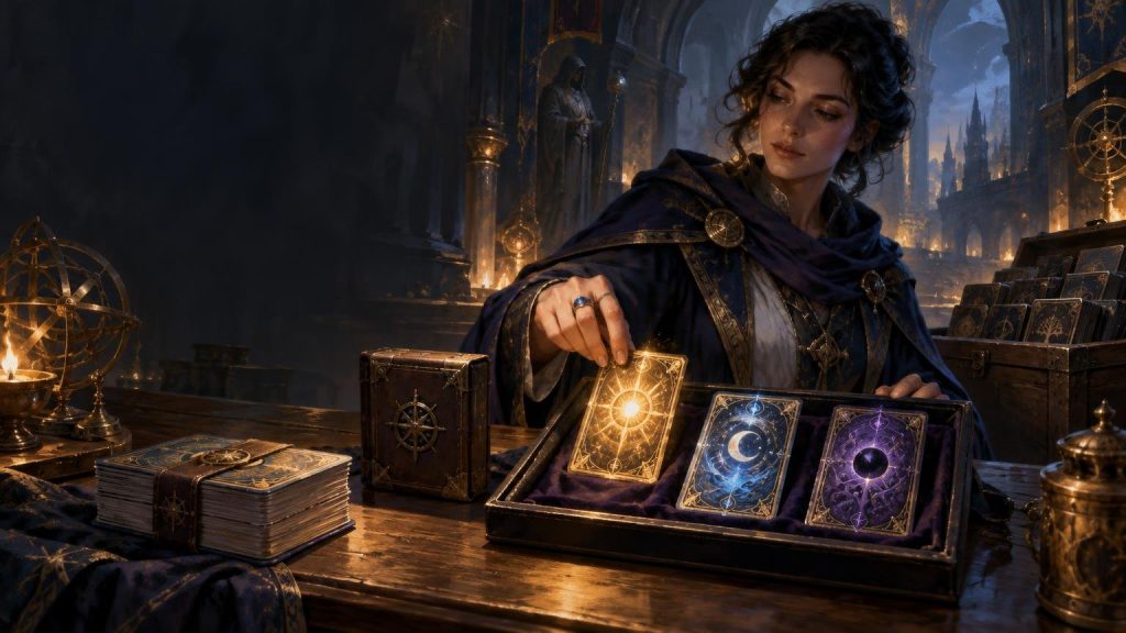 Painterly fantasy scene of a cloaked woman selecting a glowing sun-emblem card from a velvet-lined case beside stacks of ornate cards, a wooden box, and brass celestial instruments in a candlelit gothic hall.