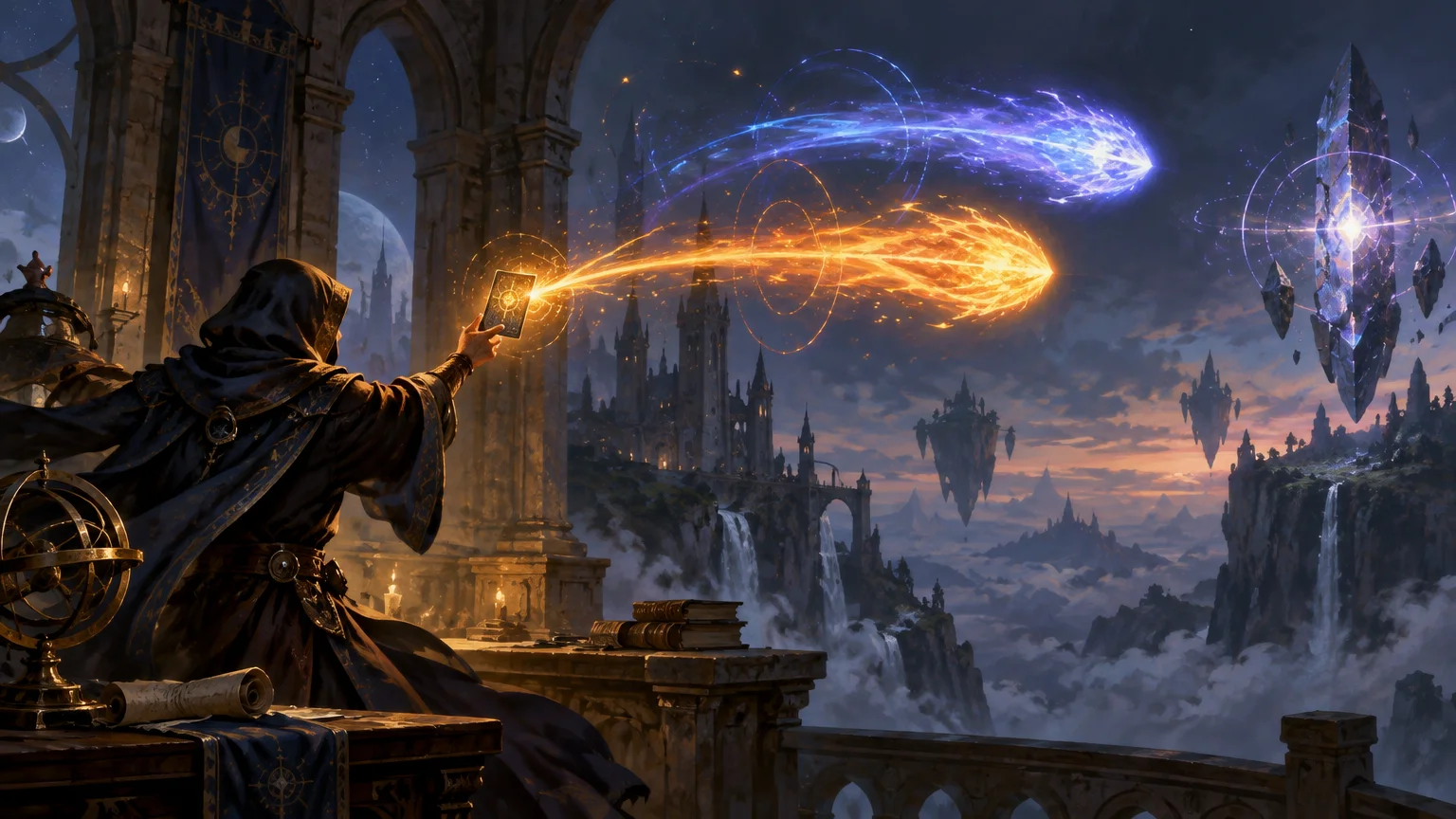 Painterly fantasy scene of a hooded mage on a stone balcony holding a glowing card-like object as two bright blue and orange magical streams arc toward a floating crystal above a castle-filled landscape.