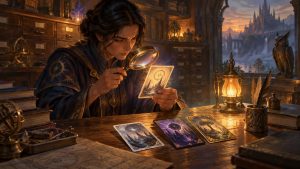 Painterly fantasy scene of a robed scholar using a magnifying glass to inspect an illustrated card at a lamplit desk, with three more ornate cards, drawers, books, an owl, and a distant castle visible through an archway.