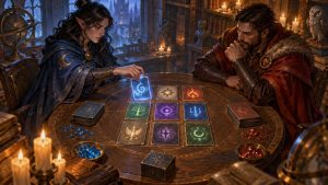 Two fantasy players sit across a candlelit round table in a library, arranging glowing symbol-marked cards in a three-by-three grid with colored gems and card decks nearby.