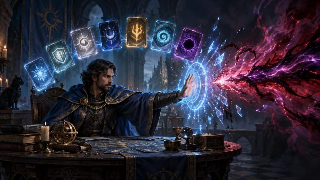 Painterly fantasy scene of a blue-cloaked mage at a table raising a glowing shield against a swirling red-purple magical blast, with seven floating symbol-marked cards overhead.