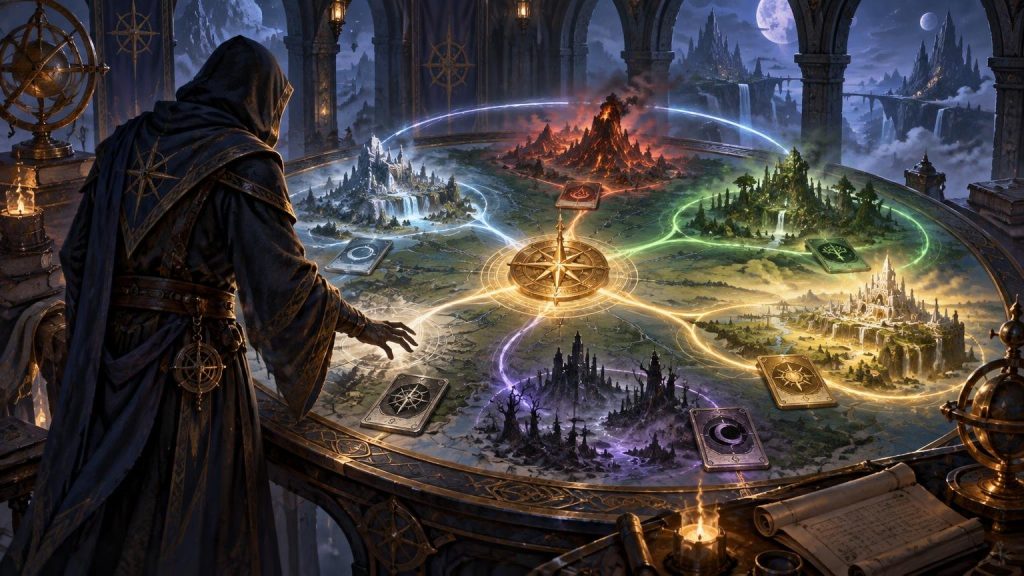 A hooded fantasy strategist stands beside a vast circular map-table, where glowing magical paths connect six distinct landscapes and several symbol-marked card-like tokens beneath a moonlit castle skyline.