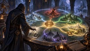 A hooded fantasy strategist stands beside a vast circular map-table, where glowing magical paths connect six distinct landscapes and several symbol-marked card-like tokens beneath a moonlit castle skyline.