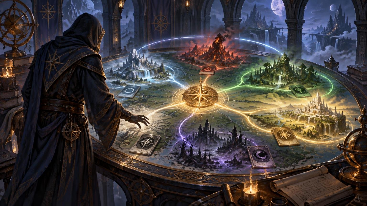 A hooded fantasy strategist stands beside a vast circular map-table, where glowing magical paths connect six distinct landscapes and several symbol-marked card-like tokens beneath a moonlit castle skyline.
