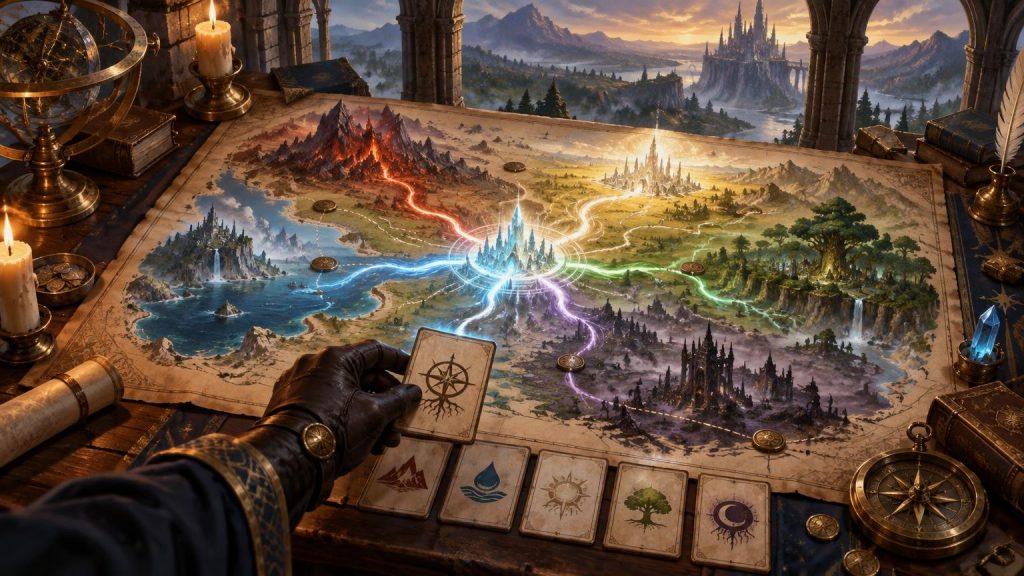 Painterly fantasy scene of a gloved strategist holding a symbol-marked card over a large map, where glowing paths in five colors converge on a luminous central city; candles, books, a compass, and five matching card-like tokens surround the table, with mountains and a distant castle beyond an arched window.