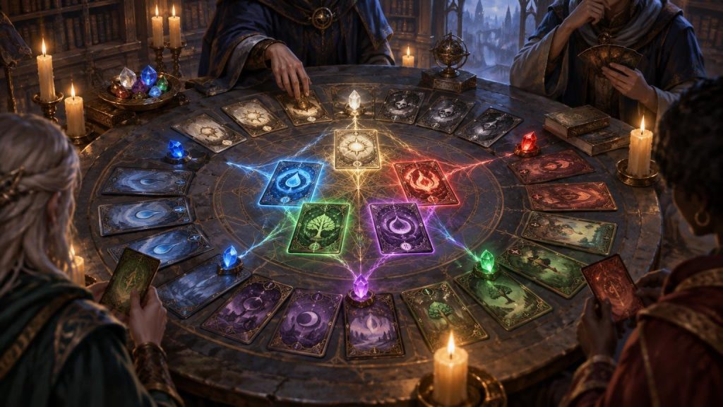 Painterly fantasy scene of four robed players drafting ornate cards around a candlelit round table, with glowing blue, green, red, purple, and gold cards linked by magical energy.