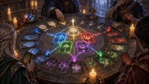 Painterly fantasy scene of four robed players drafting ornate cards around a candlelit round table, with glowing blue, green, red, purple, and gold cards linked by magical energy.