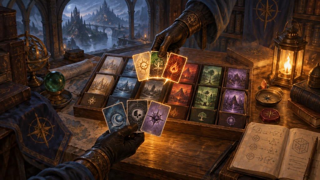 Painterly fantasy scene of gloved hands selecting glowing illustrated cards from a compartmented wooden card box on a desk, surrounded by books, maps, a lantern, and a moonlit castle beyond an arched window.