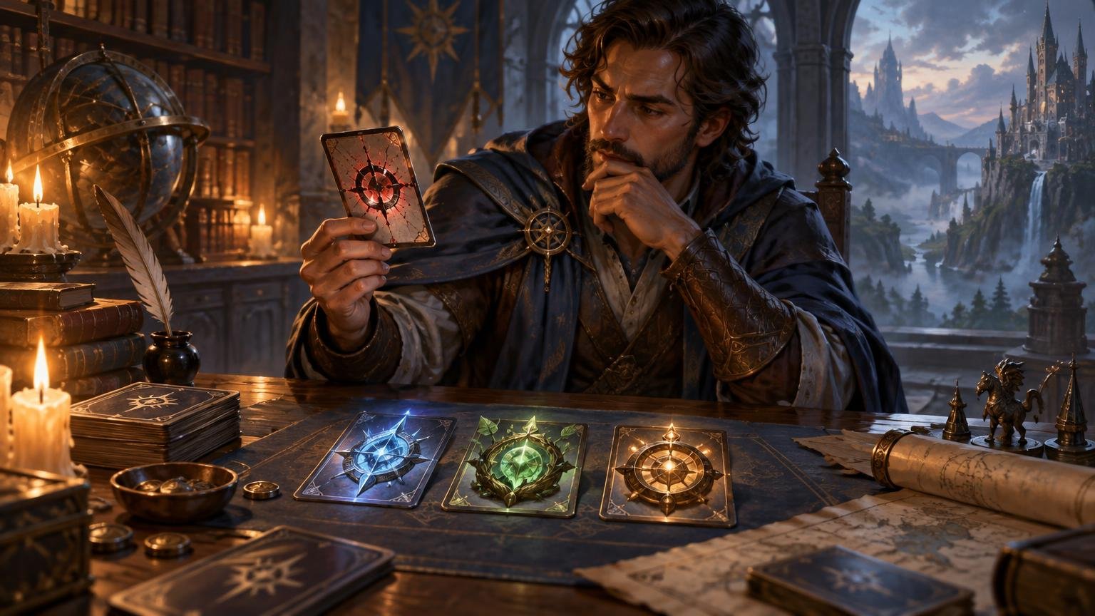 Painterly fantasy scene of a thoughtful robed man at a candlelit table, holding a cracked card-like artifact while several glowing card-like objects, maps, coins, books, and a quill lie before him; a castle and waterfall landscape appear through an archway behind him.