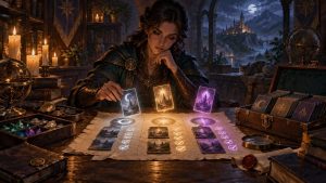 Painterly fantasy scene of a thoughtful woman sorting glowing illustrated cards across a parchment map, with check marks, a card-filled chest, crystals, candles, books, and a moonlit castle beyond an arched window.