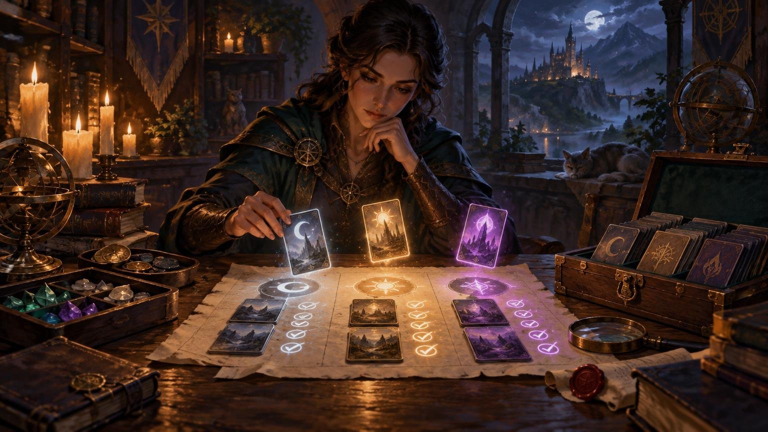 Painterly fantasy scene of a thoughtful woman sorting glowing illustrated cards across a parchment map, with check marks, a card-filled chest, crystals, candles, books, and a moonlit castle beyond an arched window.