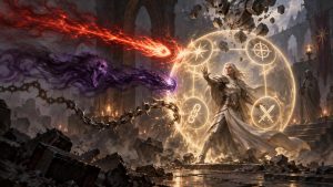 Painterly fantasy scene of a white-haired armored mage raising a hand behind a glowing golden shield as red fire, purple spectral magic, and a spiked chain strike against it amid ruined arches and floating rubble.