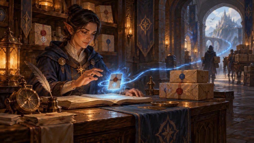Painterly fantasy scene of an elf-like clerk using a glowing card over shipping papers while sealed parcels and a departing courier fill an arched, castle-side workshop.