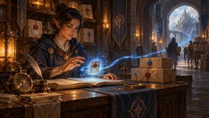 Painterly fantasy scene of an elf-like clerk using a glowing card over shipping papers while sealed parcels and a departing courier fill an arched, castle-side workshop.