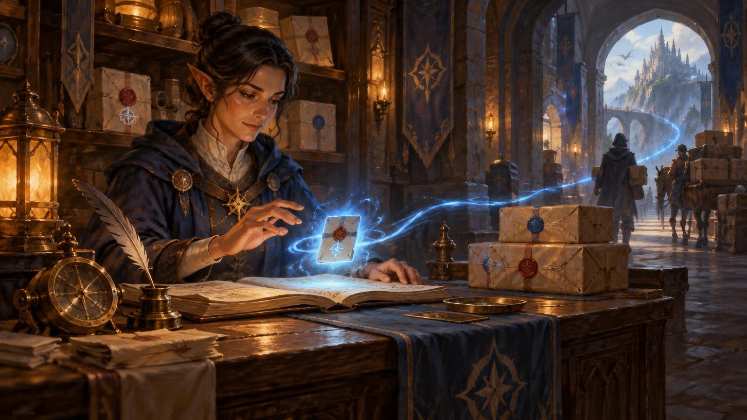 Painterly fantasy scene of an elf-like clerk using a glowing card over shipping papers while sealed parcels and a departing courier fill an arched, castle-side workshop.
